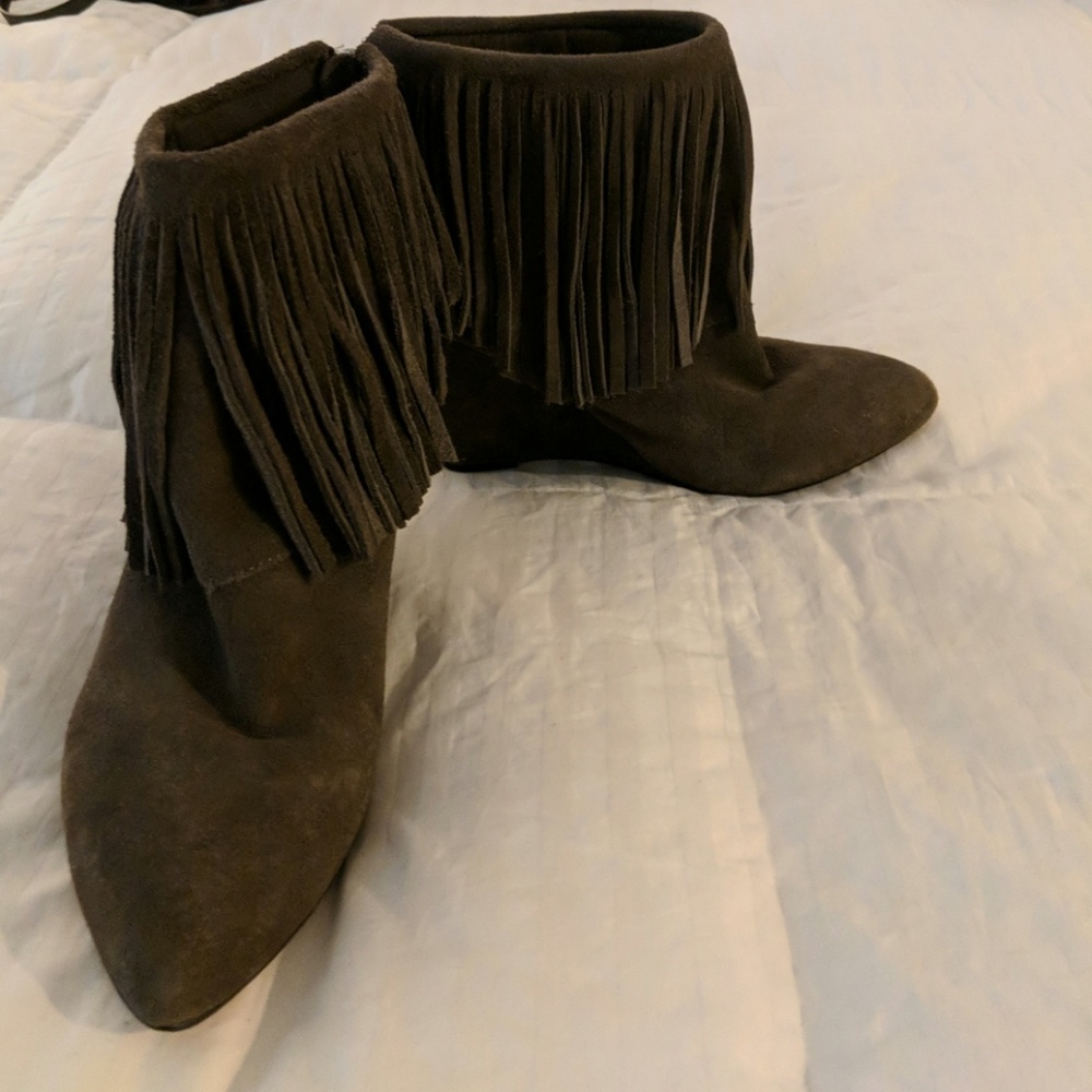 Charcoal Gray Fringe Wedge Bootie